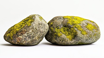 Moss has grown on a group of sandstone rocks, which also have tiny roots, all on a white background