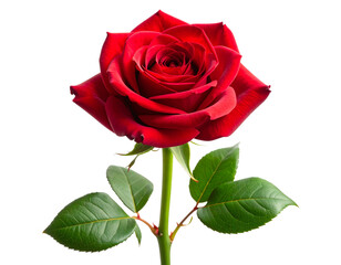 Single Red Rose with Stem and Leaf – Transparent Background