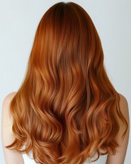 Fototapeta premium Back view of long wavy copper red hair with natural highlights and soft curls against white background, showing professional hair coloring and styling result.
