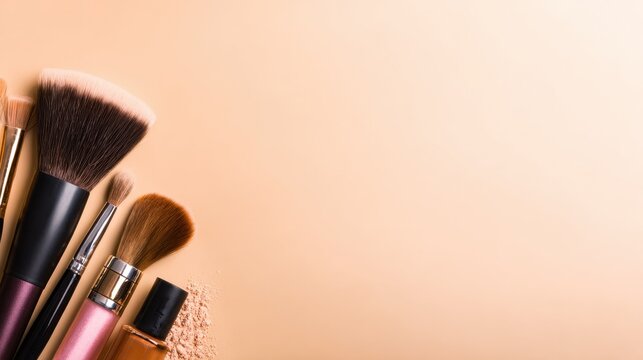 A collection of makeup brushes arranged artistically on a soft peach background, ideal for beauty tutorials - Powered by Adobe