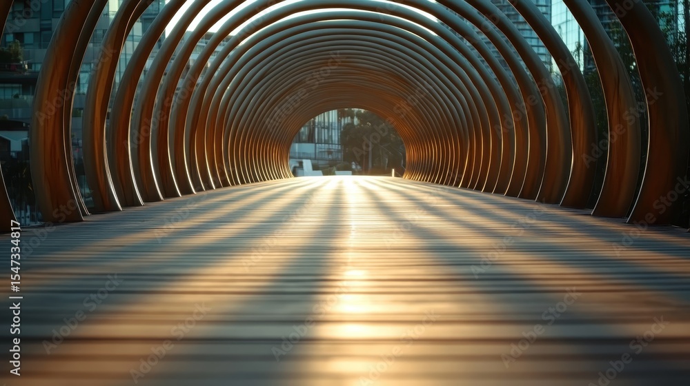 Poster an artistic perspective of a geometrically designed tunnel illuminated by soft evening light, creati