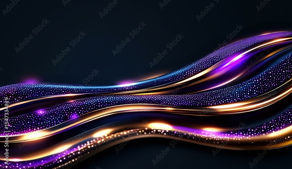 Poster luminous flowing waves with purple, gold and blue colors create dynamic abstract background with glo