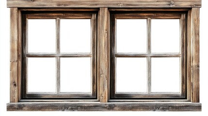 Fototapeta premium Two wooden windows with a light brown finish and straightforward trim sit on a white backdrop