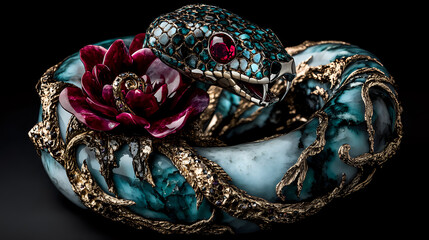 Fototapeta premium Ornate snake brooch with burgundy rose detail and turquoise accents on dark background, featuring intricate metalwork and gemstone embellishments in vintage jewelry style.