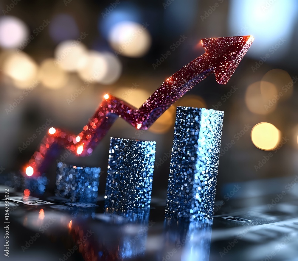 Poster glittering red arrow moves upward across blue columns showing growth trend on blurred bokeh backgrou