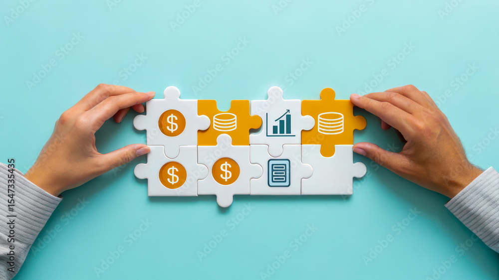Aufkleber hands assembling a puzzle with financial symbols, representing problem-solving in finance and invest