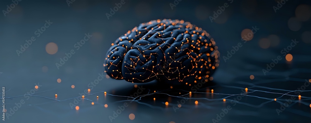 Poster glowing brain model with orange light particles on dark background, neural network visualization con