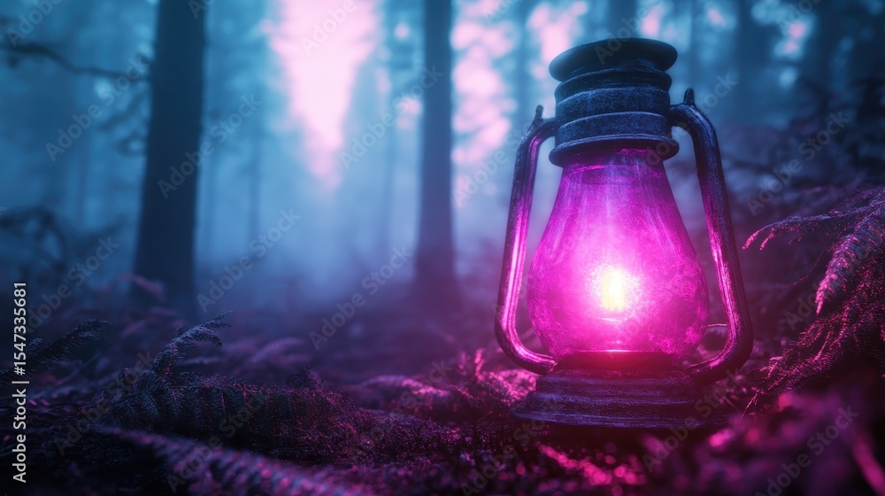 Poster a glowing lantern emits a mystical light in a foggy forest, creating an enchanting atmosphere that i