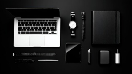 Modern workspace setup featuring a laptop, smartwatch, tablet, and stationery on a black background