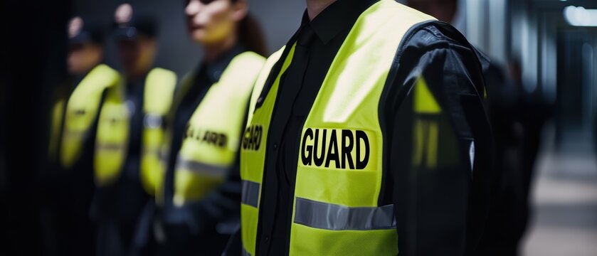 Security guards in uniform standing together in a modern urban setting, team of professionals ensuring safety and protection for the community at night.