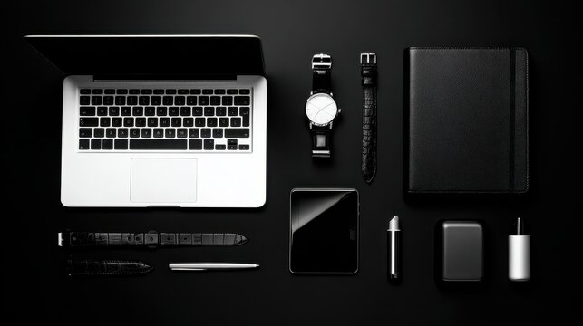 Modern workspace setup featuring a laptop, smartwatch, tablet, and stationery on a black background