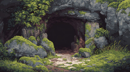 Fototapeta premium 8-bit Cave Entrance with Rocks and Moss 