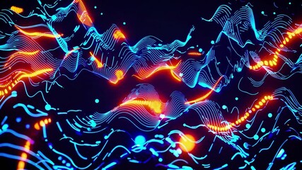 Dynamic 3D abstract digital wave of glowing blue and orange lines on black background, symbolizing data flow, futuristic technology, quantum computing, digital connectivity, neural networks - Powered by Adobe