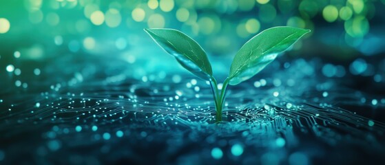 Seedling growing in soil with sparkling water droplets and soft bokeh lights, symbolizing new beginnings, nature, hope, and environmental sustainability.