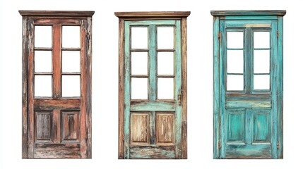 An assortment of vintage wooden windows with broken glass and distressed wood accents positioned on a white background