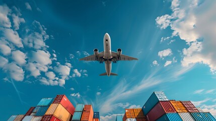 Obraz premium Airplane Flying Above Colorful Shipping Containers Under Blue Sky