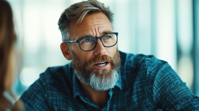 A contemplative man with a beard and glasses engages in a lively conversation, showcasing his curiosity and thoughtful demeanor in a modern, well-lit setting.