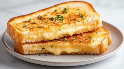 A close-up of a perfectly grilled cheese sandwich served on a plate, showcasing the gooey cheese and crispy bread as a classic comfort food favorite.