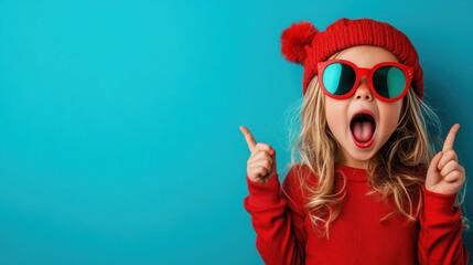 A joyful little girl with curly hair and stylish red sunglasses, wearing a festive red sweater, strikes a playful pose on a bright blue background, conveying pure delight and excitement.