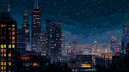 A 8 bit cityscape with glowing windows and a starry night sky