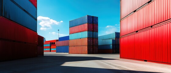 Shipping containers stacked at a cargo terminal under a clear blue sky, showcasing freight logistics, transport industry, and global trade infrastructure.