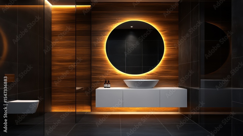 Poster a sleek bathroom showcases a round mirror highlighted by soft lighting, with minimalist design eleme