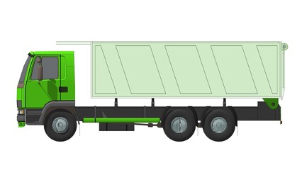 Rendered illustration of a green dump truck with a solid light green dump bed from the side against a white background. Related to construction, civil engineering, waste management, material transport