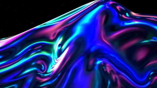 Wavy iridescent digital cloth in metallic purple and cyan hues, flowing in abstract motion, concept of AI-generated materials, futuristic design, liquid texture simulation, and holographic textile vis