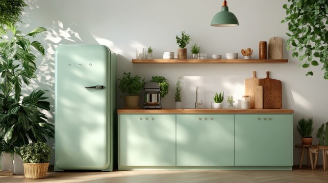 A beautifully designed mint green kitchen featuring lush plants and wooden shelves, promoting a sense of calmness and connection with nature in a cozy home environment.