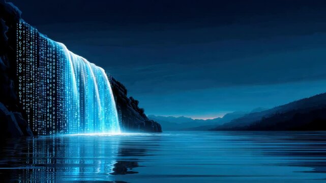 Digital waterfall with glowing binary code cascades over rocks into tranquil lake, surrounded by mountains under night sky, futuristic landscape serene atmosphere, glowing blue data stream fantasy art