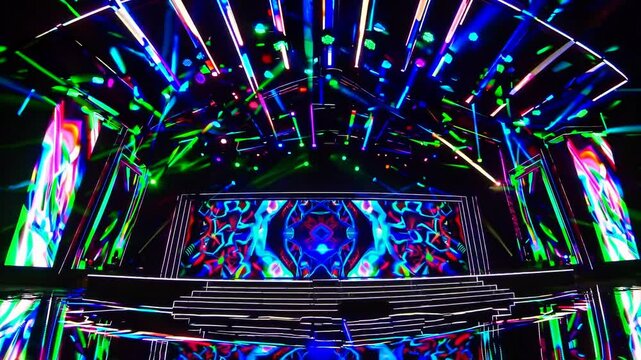 Futuristic concert stage setup with vibrant neon lights, laser beams, and immersive LED screen visuals, representing high-tech entertainment, live music events, electronic festivals, digital art