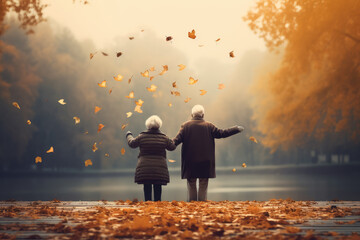 Senior couple walking slowly and peacefully through the autumn landscape

