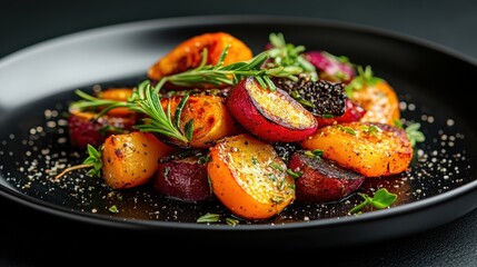 This mouthwatering image showcases a colorful medley of roasted root vegetables, perfectly seasoned and garnished, ideal for healthy meal inspiration.