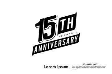 15th years anniversary celebration emblem. congratulations anniversary black logo badge isolated with ribbons on white background. vector illustration template design for web banner.
