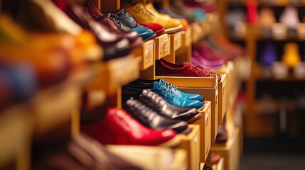 Shoes displayed on wooden shelves in a retail store, showcasing a variety of styles and colors for fashion and footwear shopping enthusiasts.