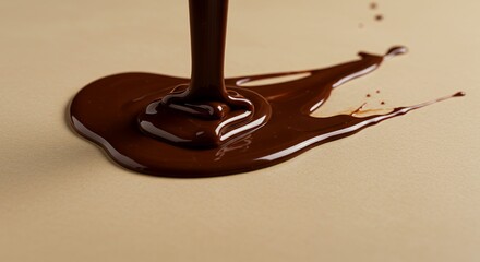 Melted Dark Chocolate Pouring onto Beige Surface, Creating Abstract Design