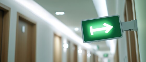 Sign pointing right in a hallway with wooden doors illuminated by soft lighting showcasing emergency exit route in modern building interior design safety.