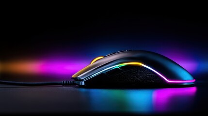 High-tech gaming mouse with vibrant RGB lighting against a dark background, showcasing design
