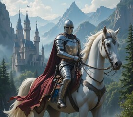 Naklejka premium A medieval knight in shining armor, riding a majestic white horse, with a backdrop of towering castles, misty mountains, and enchanted forests