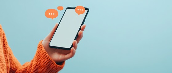 Smartphone held by a person with a blank screen and chat bubbles, showcasing communication technology, messaging apps, digital interaction, modern lifestyle.