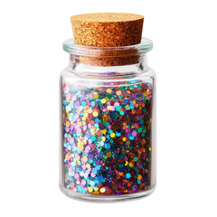 glitter jar, multi-colored confetti isolated on white background.
