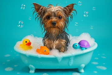 An adorable wet dog enjoying a gentle bath — a perfect blend of care, comfort, and cleanliness. Ideal for promoting pet grooming services or relaxing pet-friendly spa moments.