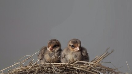 Two fluffy baby chicks sit side-by-side in a nest of straw against a muted gray background