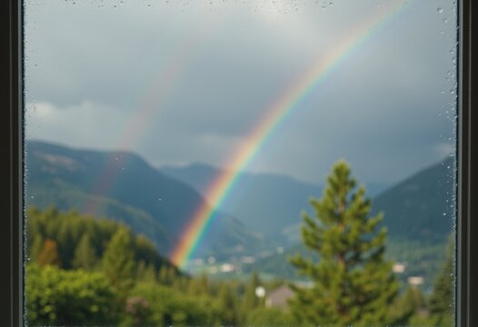 Fototapeta Unexpected rainbow appearing outside a window after a rain shower