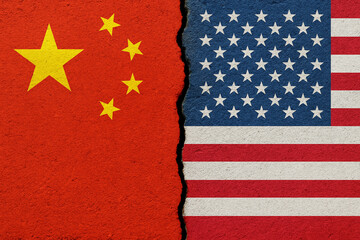 Split Texture Flags of China and the United States Symbolizing Political Conflict, Trade War