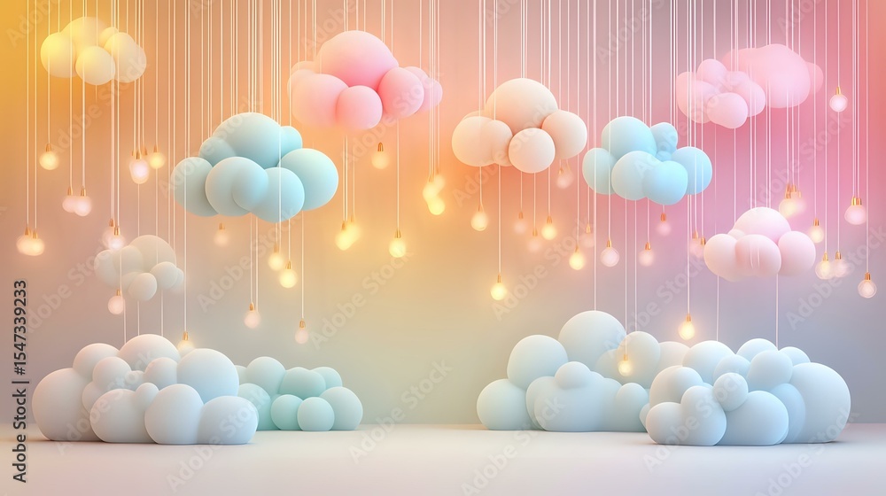 Poster dreamy pastel clouds with glowing light strings floating in soft gradient sky, magical nursery decor