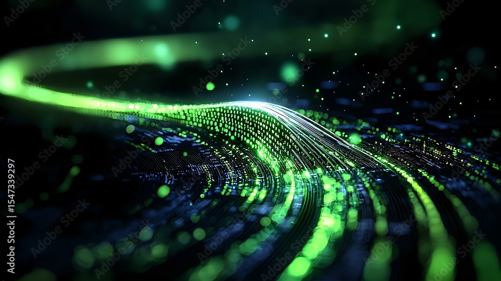 Aufkleber abstract digital wave of binary code data flowing through cyberspace with glowing green particles an