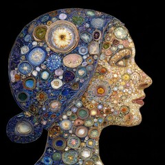 A woman's face has been dissected into fragments and is encircled by an assortment of marine life