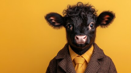A humorous portrayal of a cow wearing a suit, complete with a tie, against a bold yellow background, combining whimsy with fashion for a playful and lighthearted image.