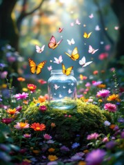 Butterflies flying around a glass jar on a mossy patch surrounded by colorful flowers in a forest scene